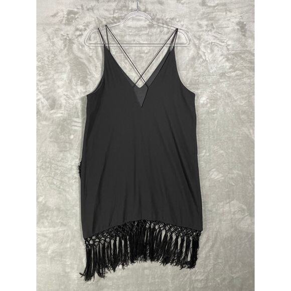 H&M V-Neck Cross Strap Wrap Skirt Fringe Evening Wear Party Dress Black Sz Large - Picture 3 of 9